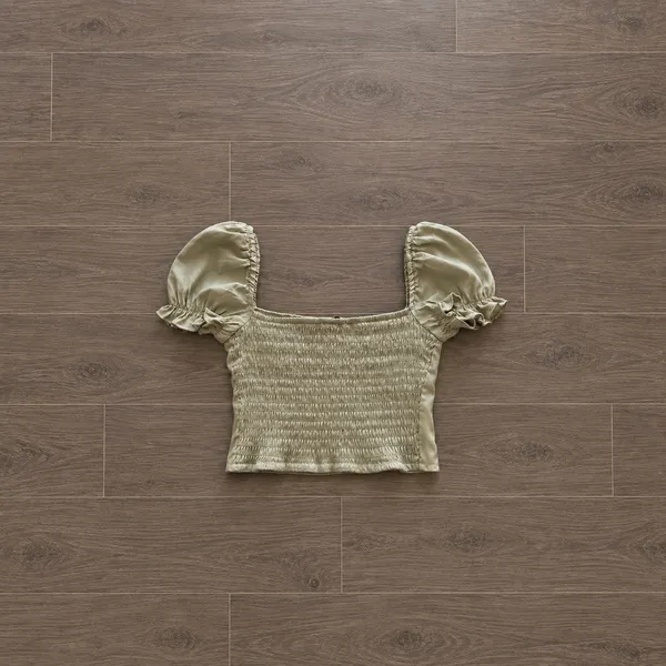 Princess Polly Sage Green Puff Sleeve Tie-Front Crop Top - Image 3