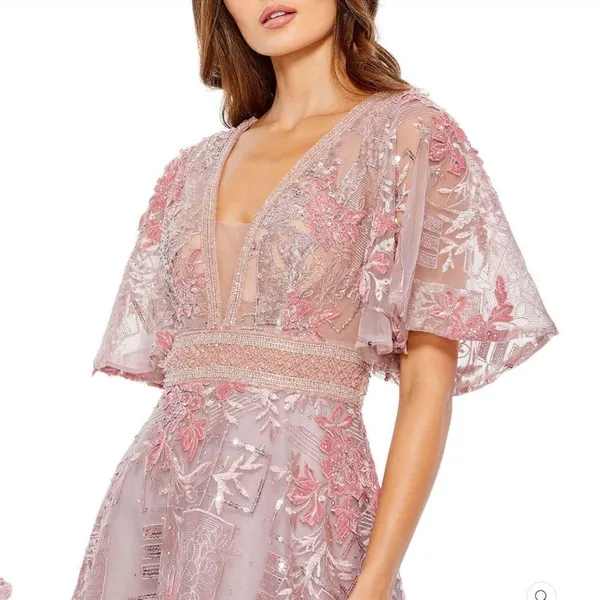 Mac Duggal Size 18 Pink Embroidered Floral V Neck Maxi Dress Gown - Image 3
