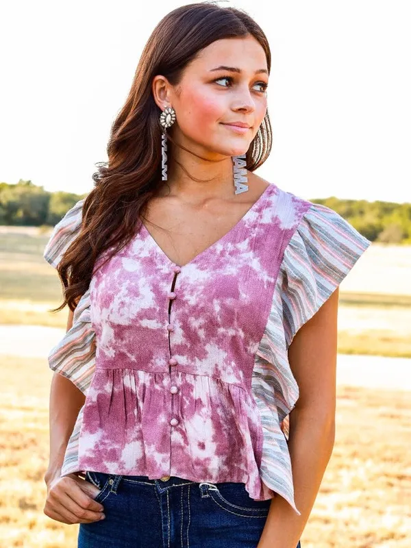 XL Boutique Pink/Purple white Tie-dye Cotton Blouse Striped Ruffle Peplum Crop - Image 2