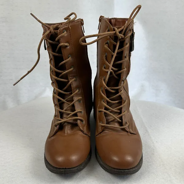 Rouge Helium Brown Lace Up Combat Ankle Boots Side Zip‎ Buckle Detail Womens 6.5 Grunge - Image 2