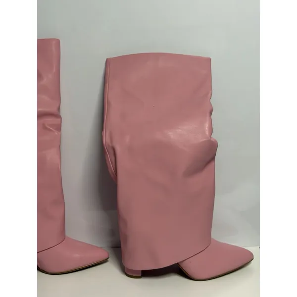 Fold Over Skirted Knee Boots 3" Chunky Heel Pull On Half Zipper Pink Size 8.5 - Image 2