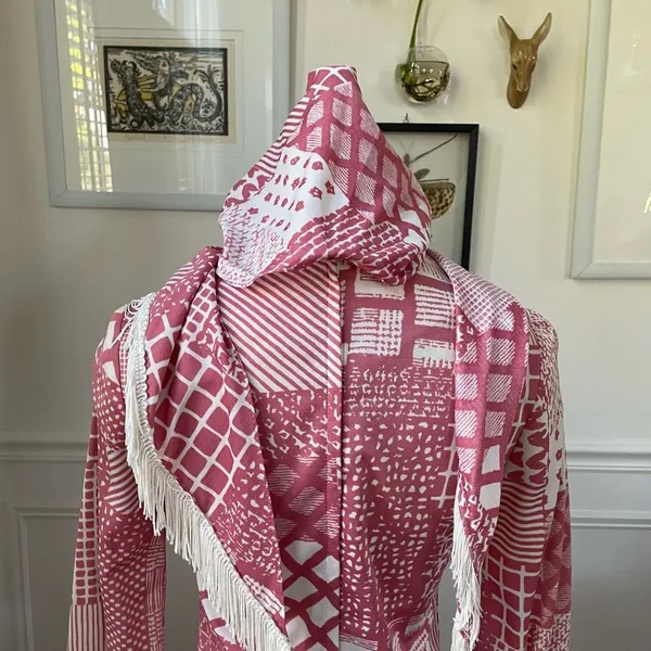 Vintage 70s Mauve Pink White Retro Print Shift Dress Scarf XS S - Image 5