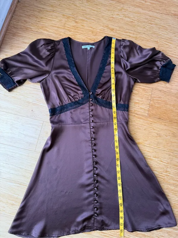 Reformation Brigitta Silk Dress Cafe Brown Mini Puff Sleeve Black Lace - Size 4 - Image 10