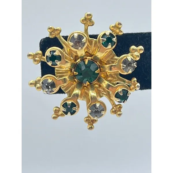 Vintage Gold Tone Cluster Starburst Statement Earrings Green‎ Stones Twist Backs - Image 3