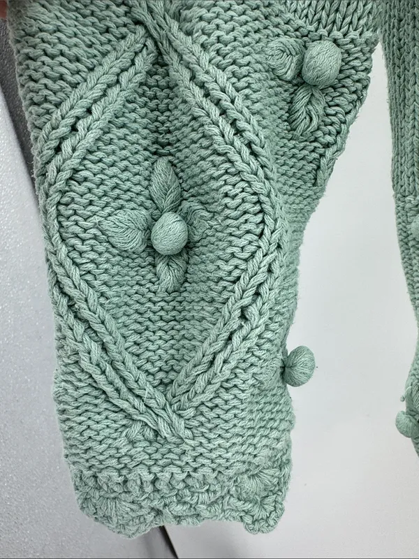 Melbourne Elements Pom Pom crochet Knit Patchwork Sweater sage L cottage - Image 10