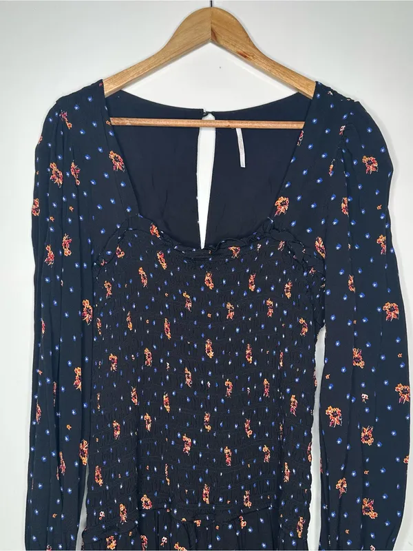 Free People Two Faces Smocked Mini Dress Black Floral Long Sleeve Large - Image 6