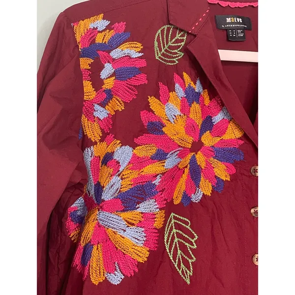 Maeve Anthropologie Burgundy Embroidered Button Down Shirt Size 2 - Image 4