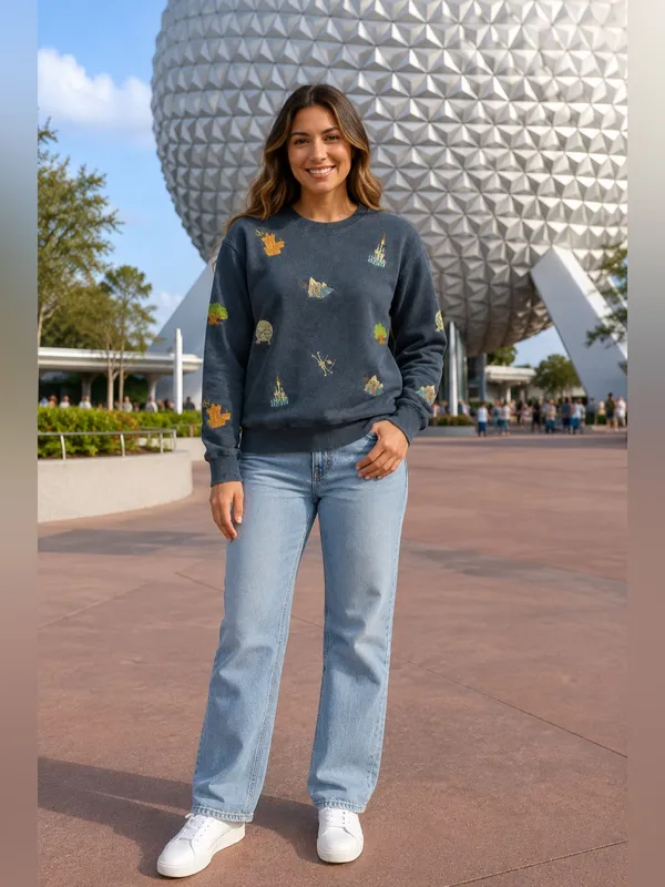Disney Parks Embroidered Ride Icons Crewneck Sweatshirt Blue Fleece unisex men M - Image 4