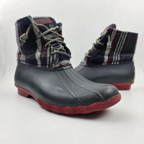 Sperry Saltwater Duck Boots Womens‎ 10 M Blue Red Wool Plaid Waterproof Rubber - Image 2