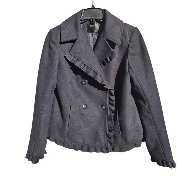 Mac &‎ Jac Navy Blue Ruffle Trim Double Breasted Pea Coat Jacket Womens Large - Image 2