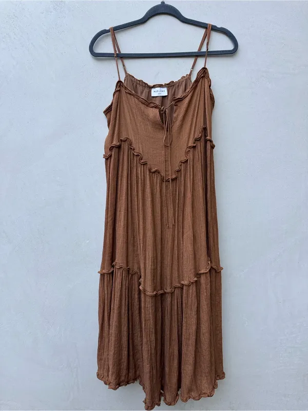Marlowe Sirena Maxi Dress Brown Boho Ruffle Tiered Crinkle Gauze M - Image 4