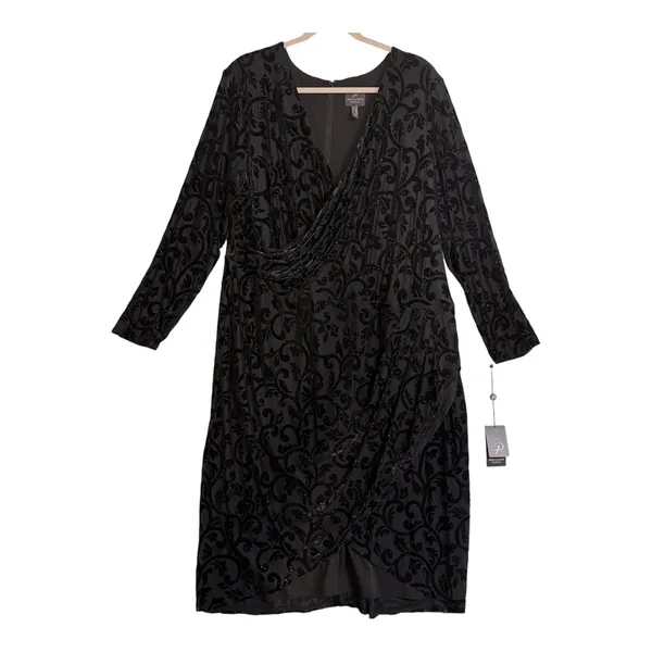 Adrianna Papell Size-22W Black Dress Glitter Velvet Faux‎ Wrap Cocktail - Image 2