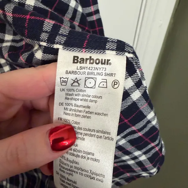 Barbour Birling Shirt Plaid Button Up‎ Navy Pink White Size 10 - Image 5