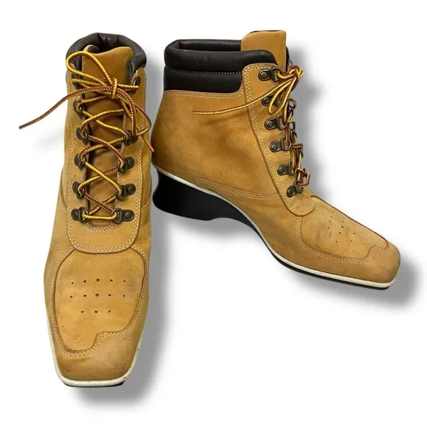 Timberland VTG Y2K wheat genuine leather lace up square toe wedge boots sz 8 - Image 2