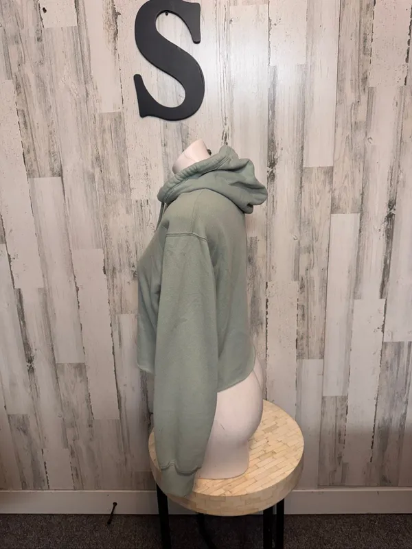 Hollister Embroidered Daisy Raw Hem Cropped Hoodie Womens Small Sage Green - Image 4