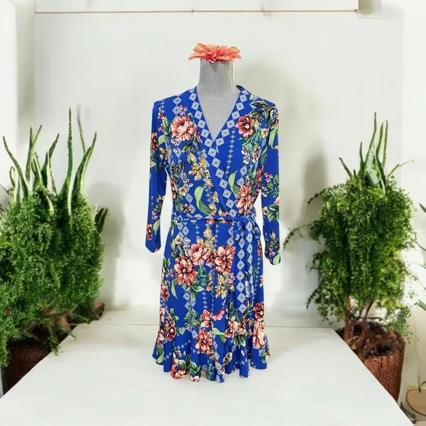 Eci New York Dress Womens Blue Midi Floral Wrap Floral Ladies size L - Image 2