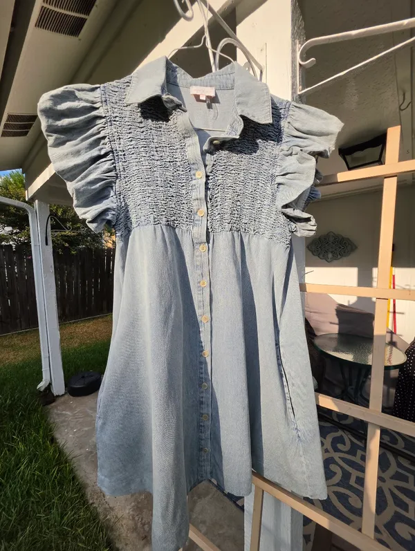 Entro Light Blue Denim Mini Dress with Puff Sleeves Medium - Image 11