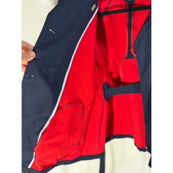 Tommy Hilfiger Navy Blue Double Breasted Trench Coat Red Lining Gold Buttons M - Image 4