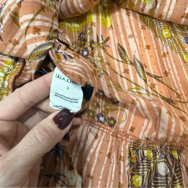 ULLA JOHNSON Remi Printed Tiered Midi Dress In Orange Cotton In Brown Size 2 - Image 7