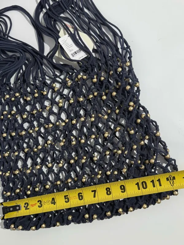 NWT Free People Navy Macramé Tote with Gold Bead Accents - Image 7