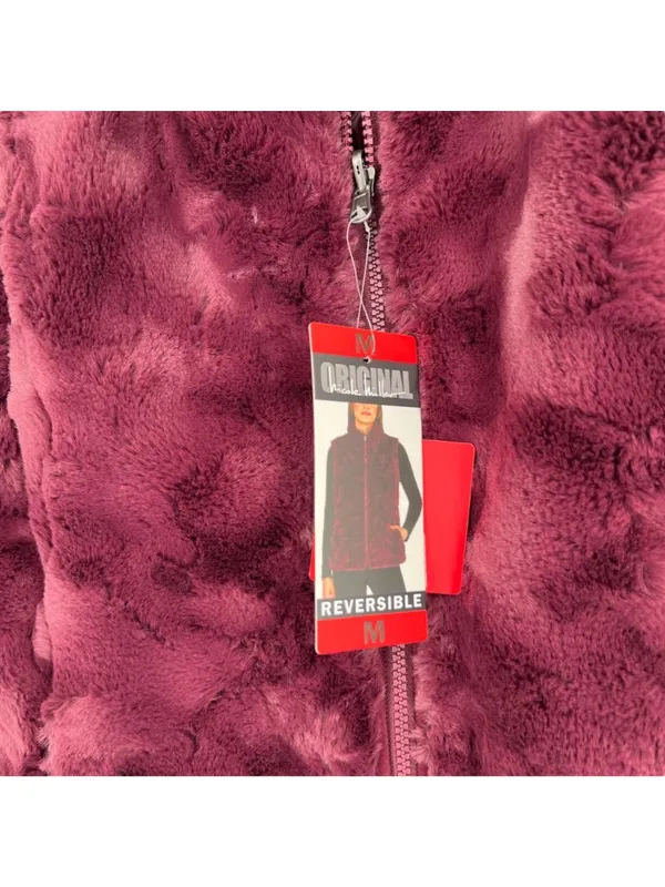 Nicole Miller Reversible Quilted Faux Fur Puffer Vest Wine Burgundy Medium NWT - Image 4