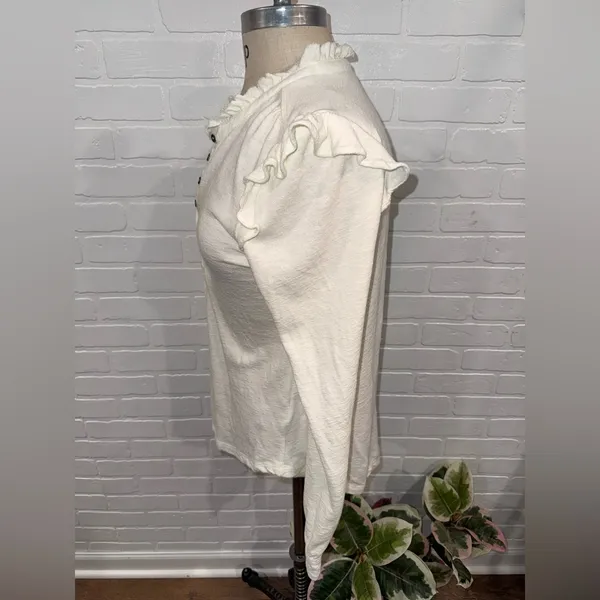 Anthropologie Pilcro Cream Ruffle-Shoulder Henley Long-Sleeve Top - Image 9