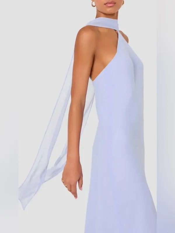 NEW Amanda Uprichard Ashton Halter Neck Chiffon Artic Blue Gown sz L - Image 4