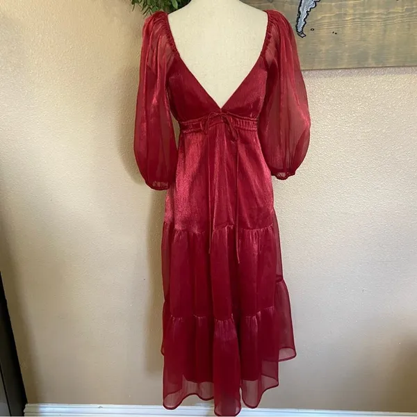 NWOT Lulus Romantic Appearance Wine Red Organza Tiered Midi Dress - Image 7