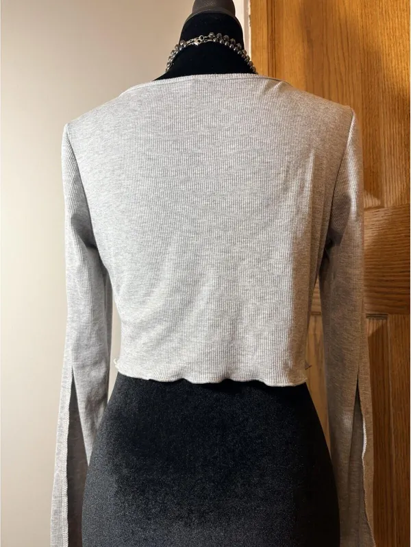 Thermal Top Medium Gray SHEIN Ribbed Knit Long Sleeve Snap Front Shirt - Image 9