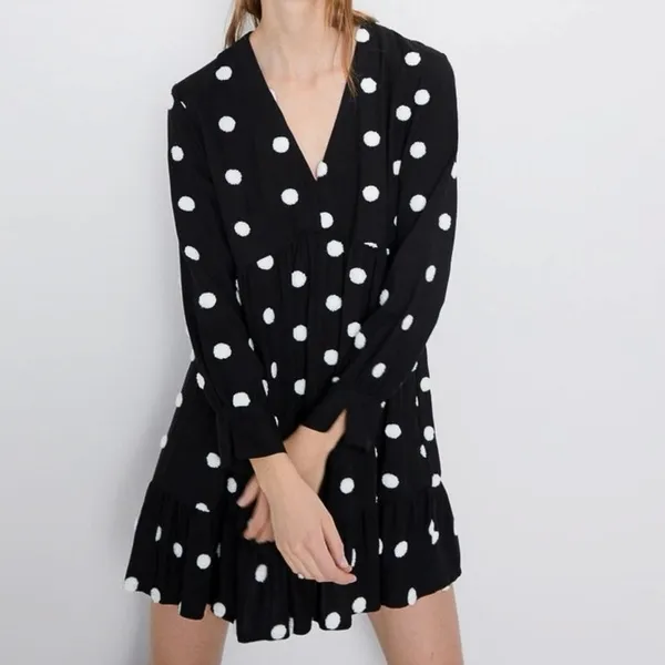 Zara Women's Black White Polka Dot V-Neck Long Sleeve A-Line Mini Dress Size L - Image 3