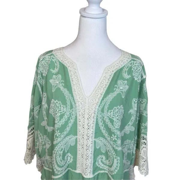 Democracy Green Embroidered Crochet Lace Boho Tunic Top Blouse Size 2X Festival - Image 3