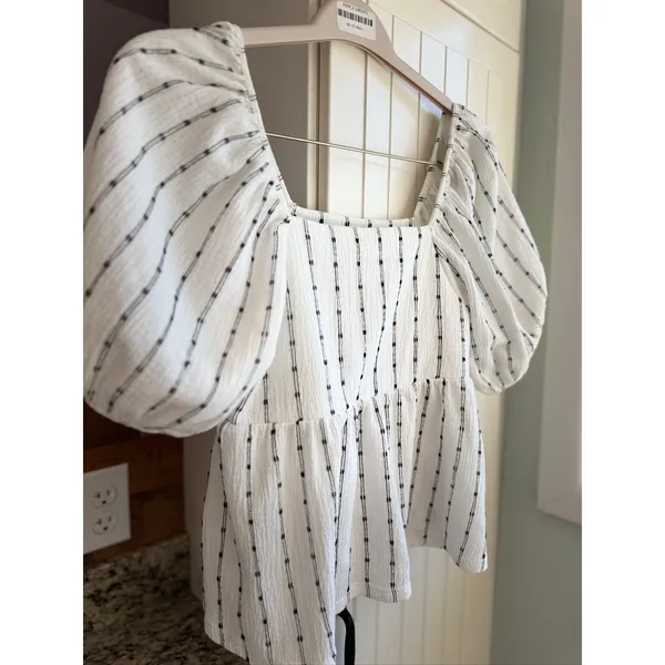 Madewell Puff Sleeve Empire Top MD049 Black White Stripe Square Neck Small S - Image 3