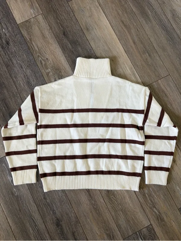 Amazon Cream and Brown Striped Shawl Collar Sweater - Image 4