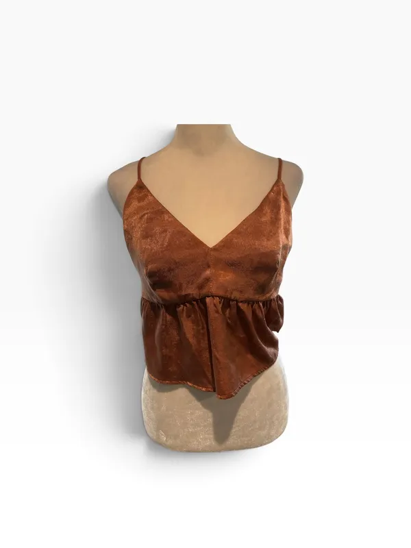 Mi Ami Copper/Bronze Satin V-Neck Spaghetti Strap Camisole. Flattering - Image 3