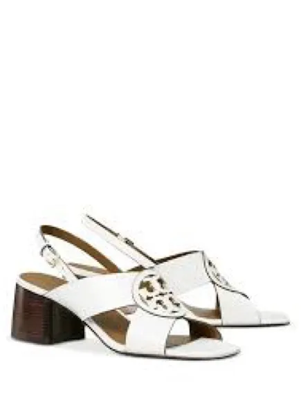 Tory Burch Miller Slingback Logo Block Heel Sandal US 9 Cloud White Leather - Image 7