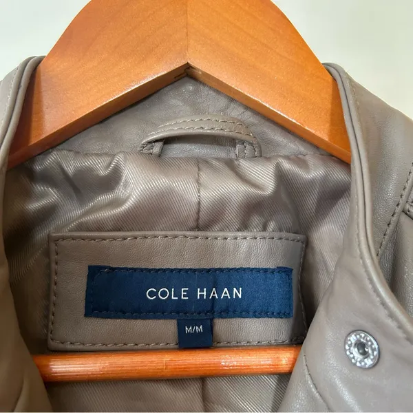 Cole Haan 100% Genuine Lambskin Leather Moto Jacket Lined‎ Biker Taupe Size M - Image 6