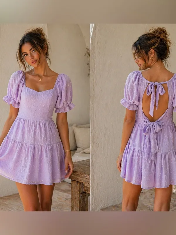 Boutique Lavender Puff Sleeve Open Back Mini Dress Size Small - Image 2