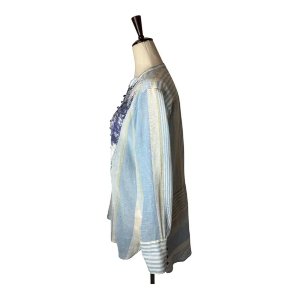Soft Surroundings‎ Shirt Women Medium Blue Floreale Striped Popover Linen Top - Image 6
