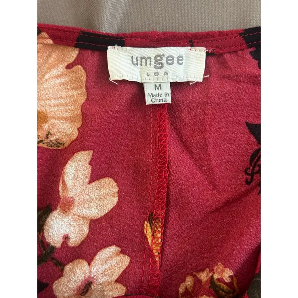 Umgee Floral Tie Front Blouse‎ Burgundy Red Long Sleeve V Neck Top - Image 5