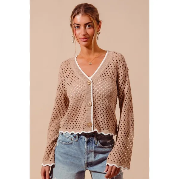 SO‎ ME Open Knit Light Weight Sweater Cardigan With Contrast Wavy Scallop Edge L - Image 4