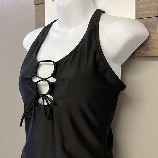 SHEIN Black One Piece Plunging Neckline with Tie and Razorback Swimsuit- Large - Image 3