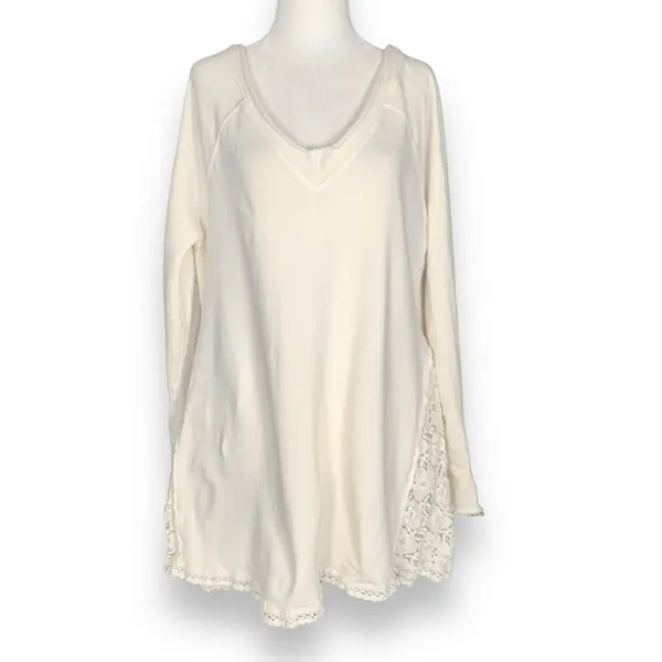 Free People No Frills Pullover Top Cream Lace Insert Vneck Sweatshirt‎ Small - Image 12