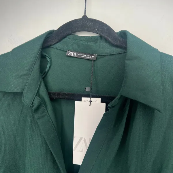 Zara Green Ruched Drawstring Collar Long Sleeve Blouse Size Medium - Image 6