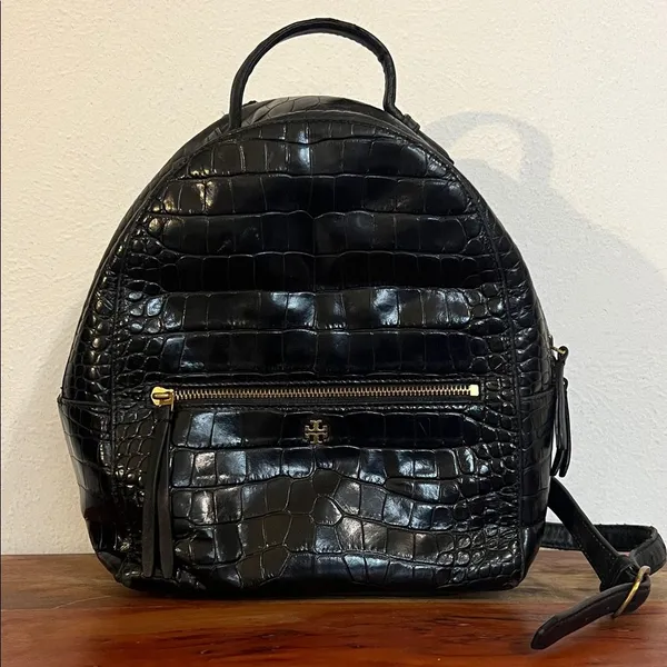 Tory Burch Croc Embossed Black Leather Mini Backpack Purse Gold Logo Casual Luxe - Image 13