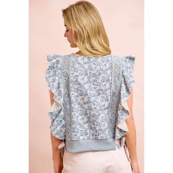 BiBi Floral Printed Twill Lace Trim Detail Side Bow Tied Top - Small - Image 5