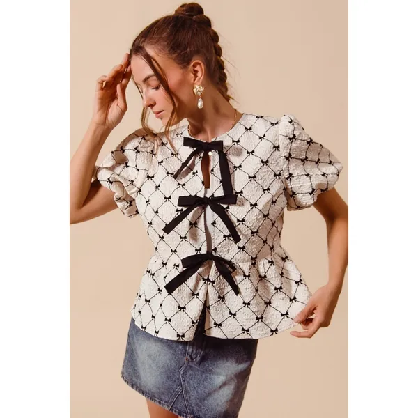 SO ME Bow Texture Woven Peplum Top With Contrast Tie - Ivory - Small - Image 7