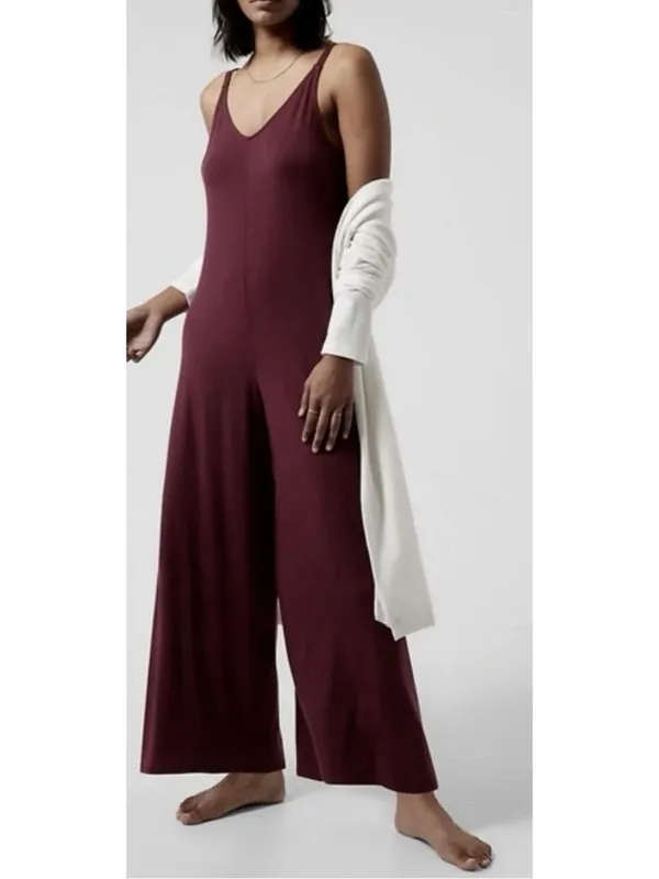 Athleta Nighttime Bliss V-Neck Romper Wide Leg Jumpsuit Deep Burgundy Sz L - Image 8