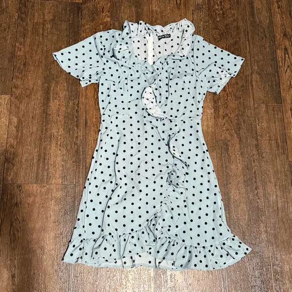 Blue and Black Ruffle Trim Wrap Detail Polka Dot Dress Medium - Image 3