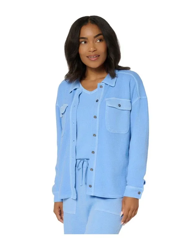 Anybody Womens Button Front Washed Waffle Knit Button Front Top French Blue M - Image 6