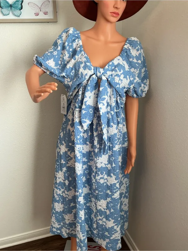 Blue & White Floral Textured Bow Front Midi Dress XXL NWT - Image 5